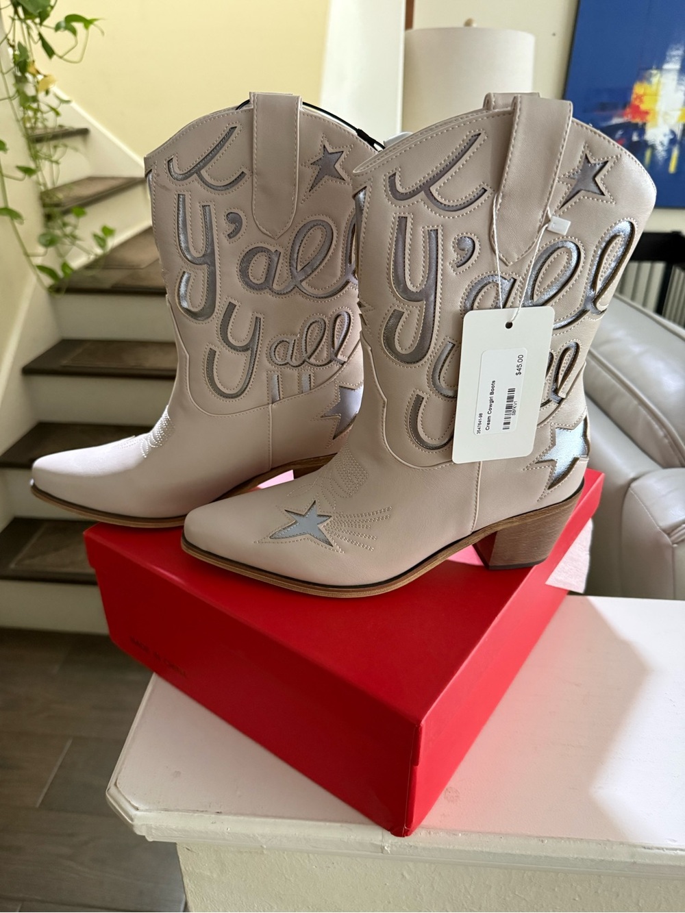 Women's Cream Western Boot with 'Y'all' Script
